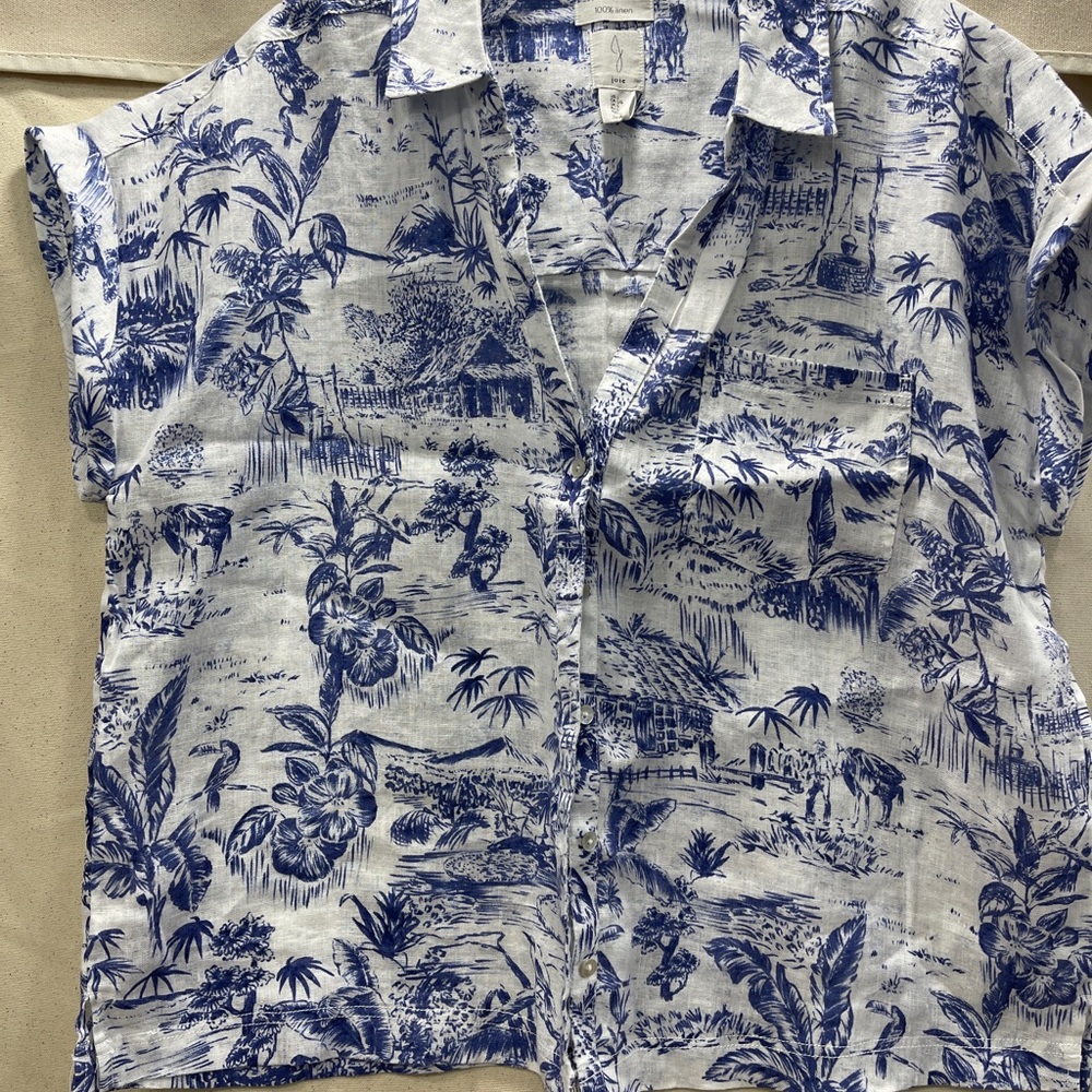 Blue and White linen toile Printed blouse